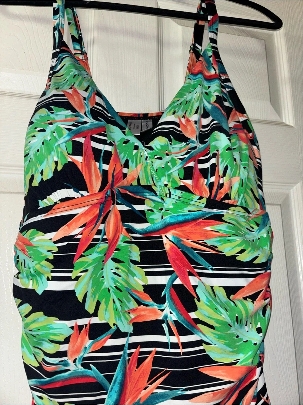 St. John's Bay Black One-Piece with Teal & Coral Tropical Accents